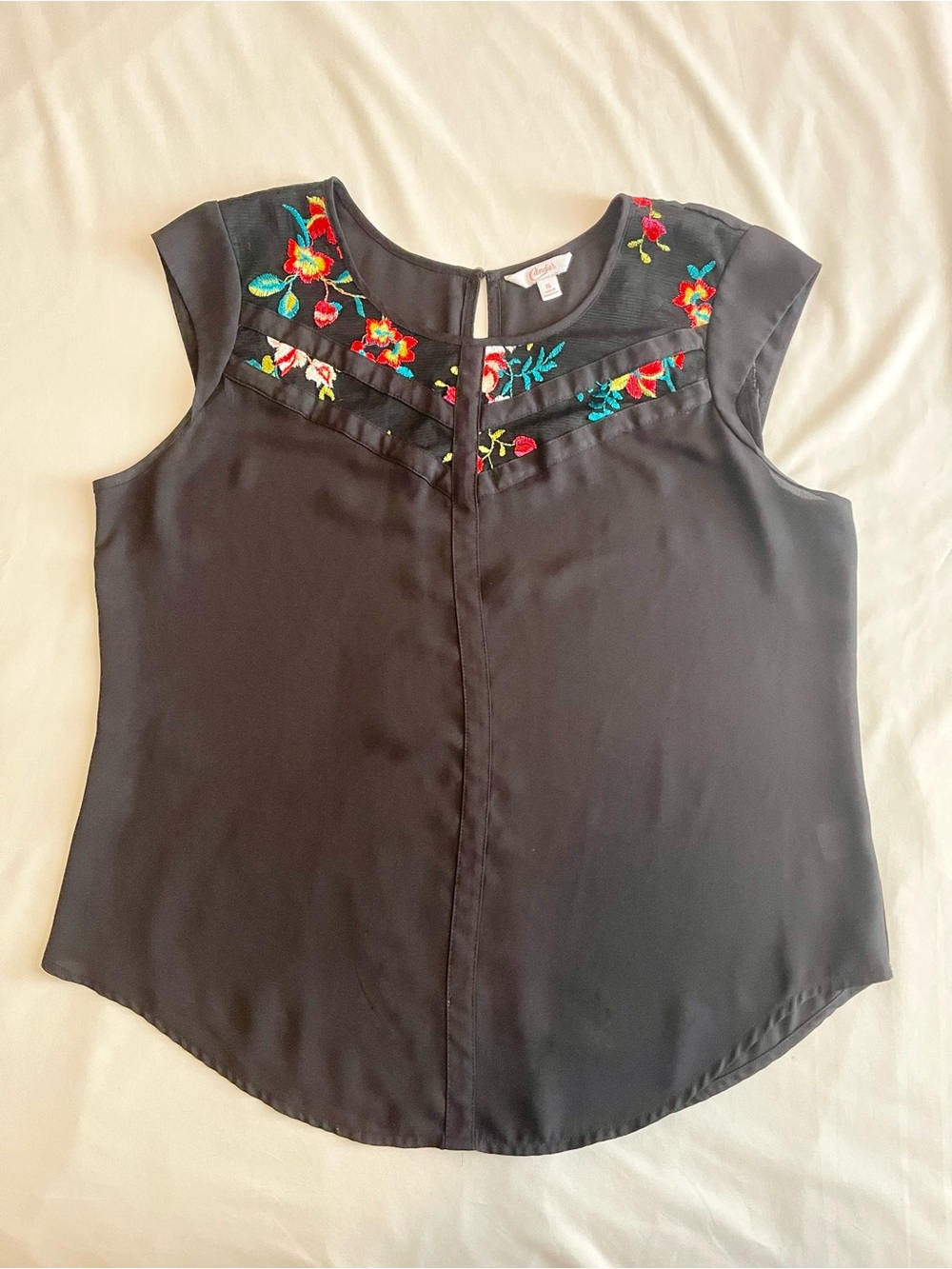 Candie's Black Juniors Cap Sleeve Blouse with Red Floral Embroidery
